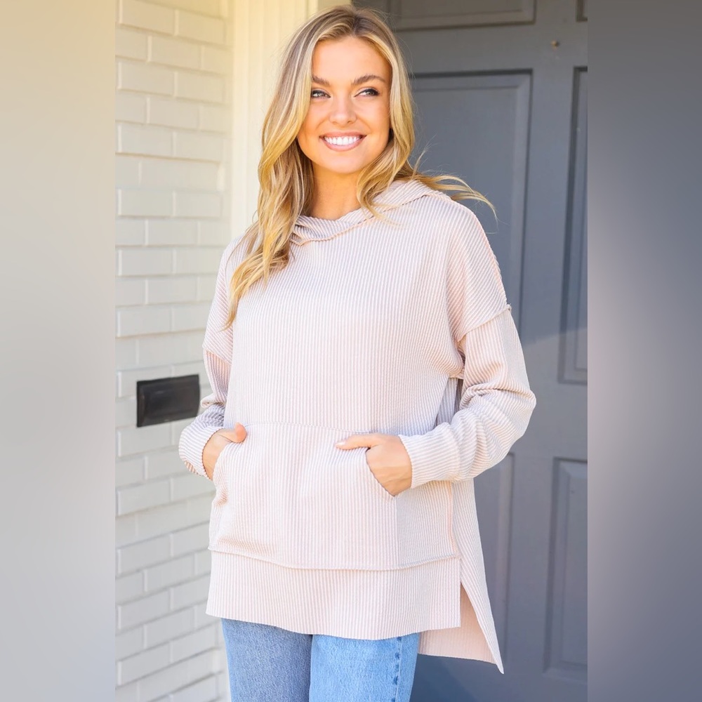 Reg. & Plus Size Casual Ivory Mineral Washed Ribbed Knit Lightweight Hoodie - Picture 5 of 14